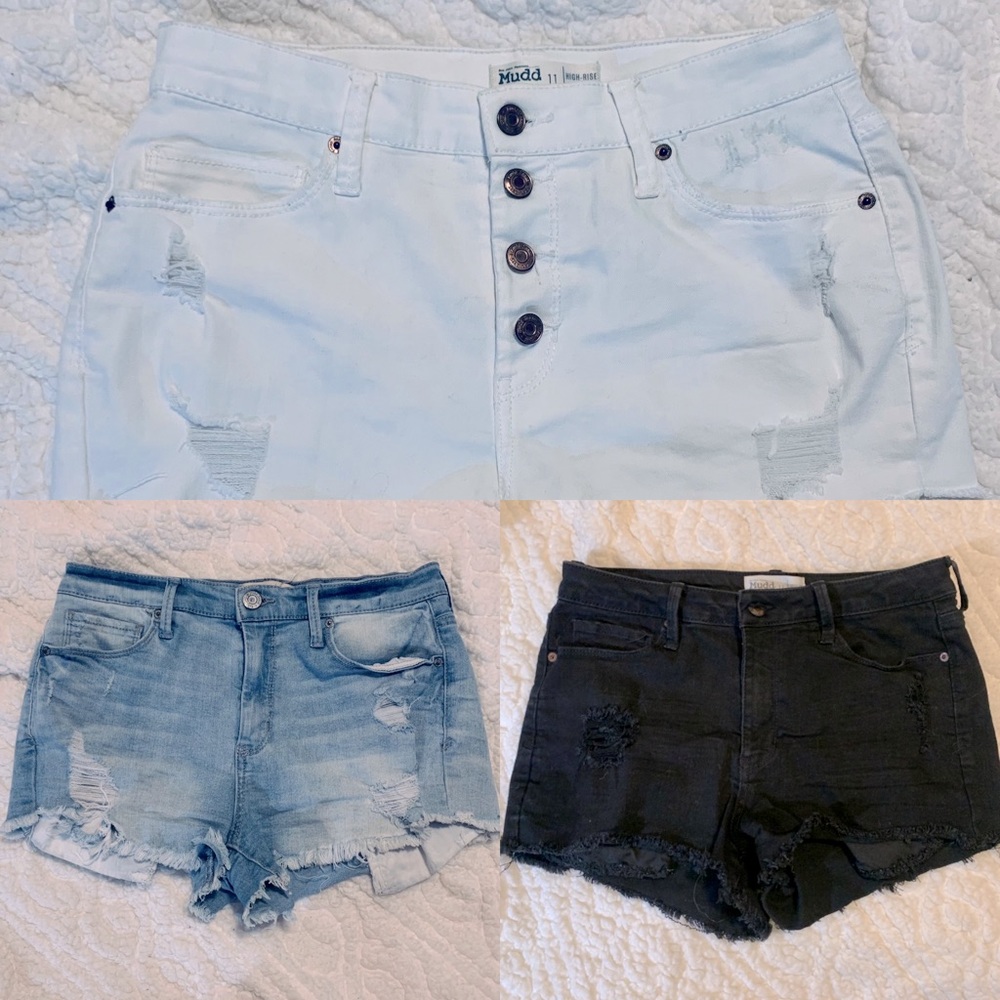 Set of Three: High Rise Distressed Jean Shorts
